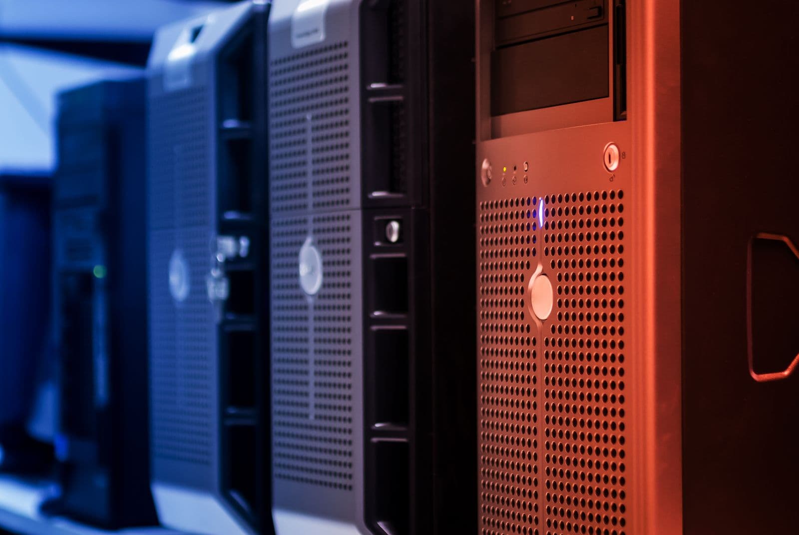 Rack servers lit in red and blue