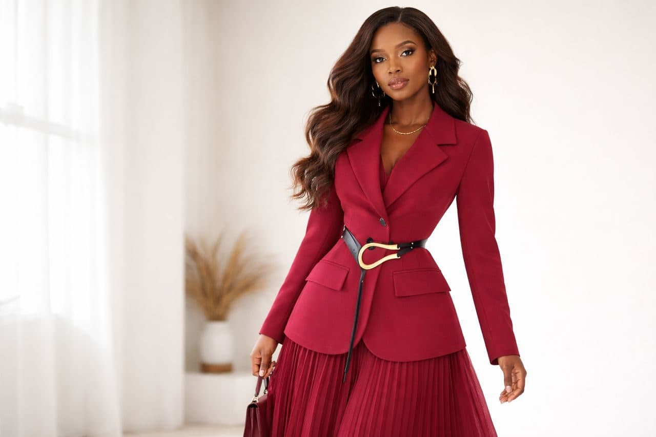 Model in a red suit from the BossLady Klasik collection
